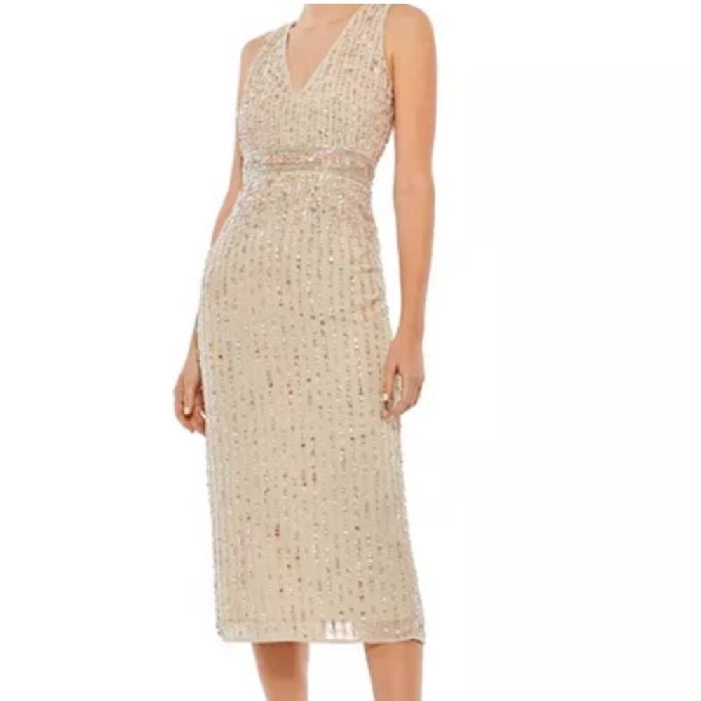 Mac Duggal Women's Beige Sequined‎ Sleeveless Sheath Midi Dress Size 8